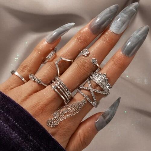 HuaTang 6pcs/set Luxury Silver Color Tassel Rings Sets Bohemian Shiny Crystal Stone Open Geometric Joint Rings Jewelry for Women