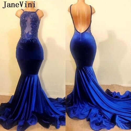 JaneVini Sexy Velvet Royal Blue Evening Dresses Long Plus Size Spaghetti Straps Appliques Sequined African Mermaid Formal Dress