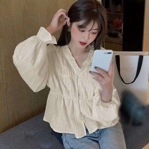 Korean Temperament Long Sleeve Top Lace Embellishment Bubble Sleeve Fairy Casual Womens Shirt