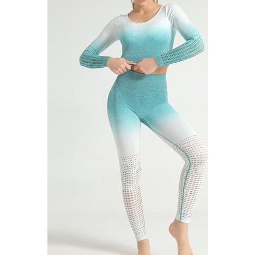 LANTECH Women Sports Suits Set Yoga Sets Gym Fitness Ombre Athletic Pants Sportswear Leggings Shirt Seamless Sports Active