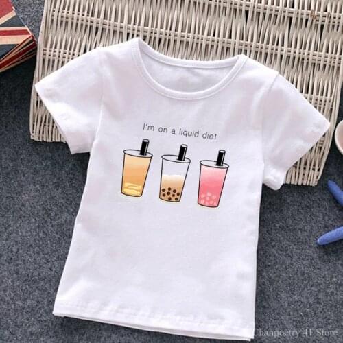 Fashion Children T-shirt Boys Girls Clothes Milk Tea Print Funny Streetwear White T Shirt Cartoon Short Sleeve Baby Tops
