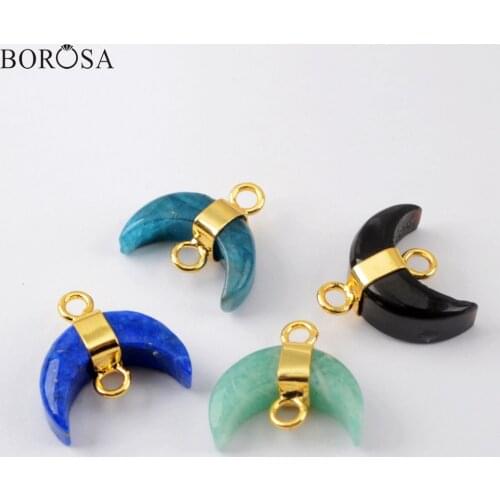 BOROSA Fashion Horn Lapis Amazonite Pendant Connector for Bracelets Making New Gold Color Crescent Moon Necklace Charms WX1543