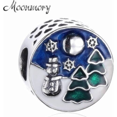 Moonmory Winter Christmas Charm Authentic 925 Sterling Silver Snowman Tree Mixed Enamel Bead Fit Brand Bracelet DIY Jewelry