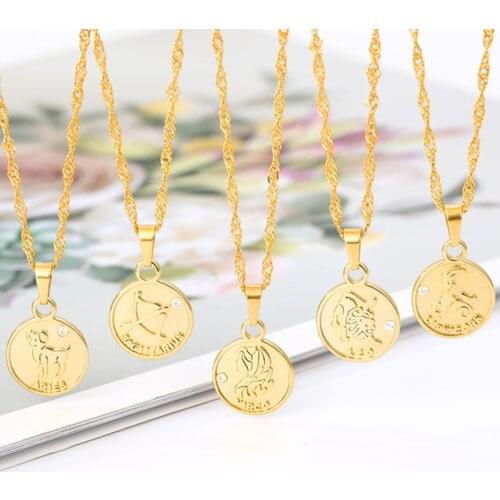 Mens Womens 12 Horoscope Zodiac Sign Gold Pendant Necklace Aries Leo Dropshipping 12 Constellations Jewelry Coin Necklace