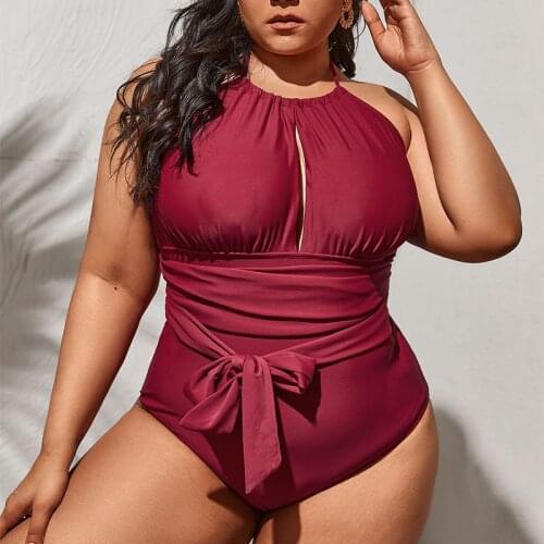 Solid Plus Size One Piece Womens Swimsuit 2021 Halter Push Up Pads Large Size Swimwear Tummy Contrl Belt Bathing Suit Monokini