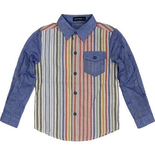 Boys Shirts Casual Kids Shirts Teenage Boys Clothing Striped Shirt Cotton Patchwork Pockets School Shirts Blouse Age 10Y 4J0412