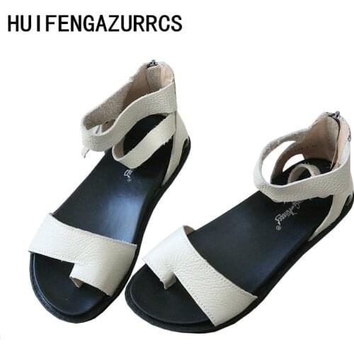 Careaymade-Real leather sandals, Literary Art Retro Toe Flat-soled Shoes New Comfortable Leisure Zipper Roman Sandals