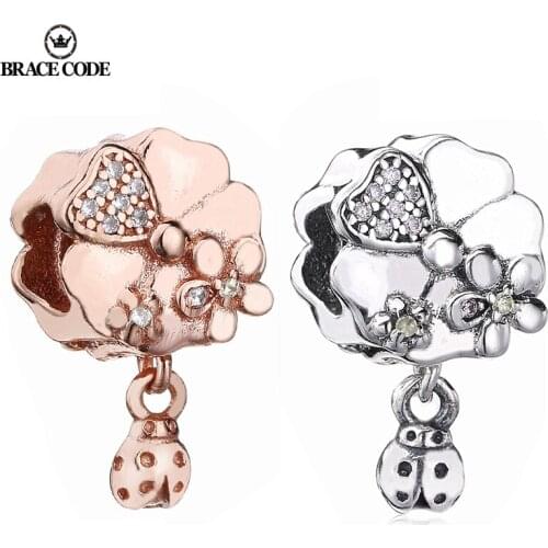 Fine Rose Gold Flower And Small Ladybug Beaded Charms,Silver-plated Charm DIY Accessories To Make Brand Women Bracelets Necklace