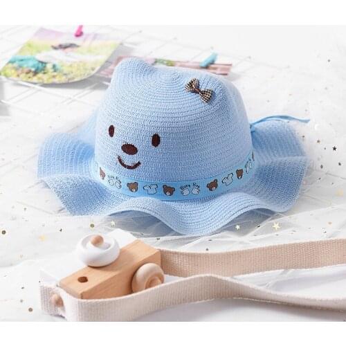 New Fashion Baby Girl Boy Straw Hat Lovely Cartoon Children Solid Floppy Bear Pattern Ears Decor Cap Summer Kids Sun Hats