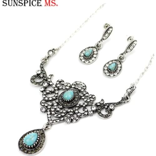 SUNSPICEMS Turkey Design Earring Necklace Set Vintage Retro Gold Silver Color Ethnic Flower Wedding Jewelry Bohemia Holiday Gift