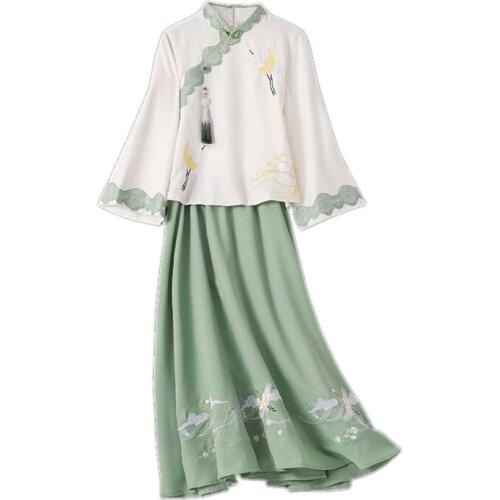 HanFu Retro Chinese Style Traditional Clothing 2021 New Spring Autumn Women Sets Embroidery Top And Skirt Two Piece Set