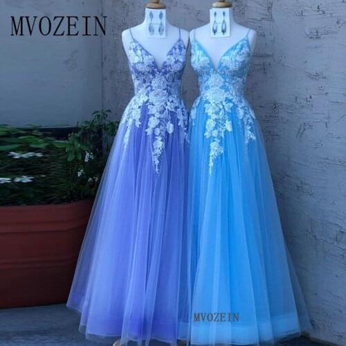 Party-Gowns Sky Blue Evening Dresses A-Line Sleeveless Long Evening Dress Lace Appliques Floor Length Formal Gowns vestido-longo