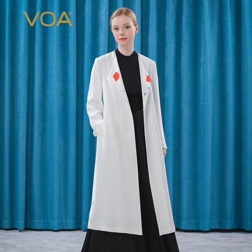 VOA Silk 30m/m Milk White Printed Lapel Long Sleeve Bandage with Waist Retraction and Oblique Pocket Back Slit Windbreaker FE92