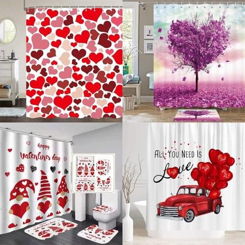 Shower Curtain for Valentines Day Couples Lover Decoration Love Shape Non-Slip Rug Set 3D Toilet Cover Mat for Bathroom Decor