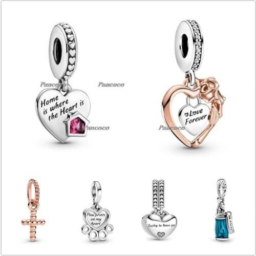 Authentic 925 Sterling Silver Hearts Paw Print Dangle Charm Beads Fit Women Pandora Bracelet & Necklace Jewelry