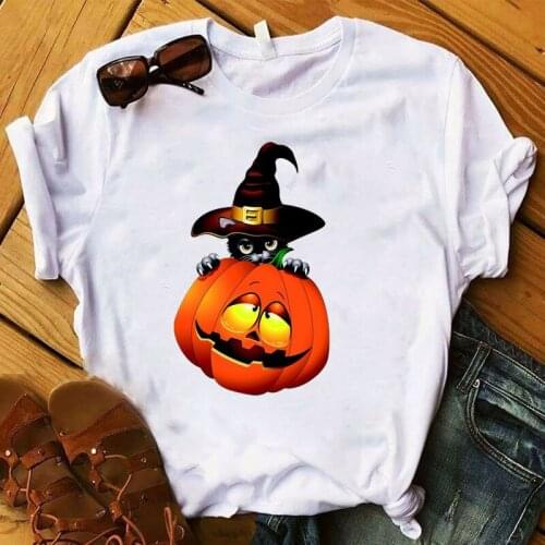 Shirts Women Graphic Pumpkin Cat Cartoon Printed Happy Halloween Fall Top Tshirt Female Tee Shirt Ladies Clothes T-shirt