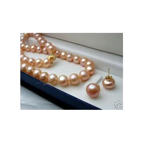 Women big Jewelry set Genuine Natural Freshwater Pretty 8-9mm Pink A Akoya Pearl Necklace Earring no boxGenuine Selling Huge