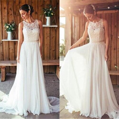 Attractive Chiffon Jewel Neckline A-line Wedding Dresses With Beaded Lace Appliques Bridal Gowns Sheer Back Vestidos de novia
