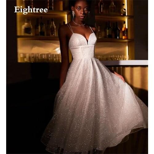 Eightree 2021 Simple Sparkly Sequins A Line Long Evening Dresses Spaghetti Straps Sweetheart Ankle Length Formal Prom Gowns