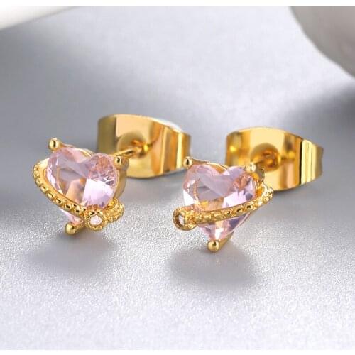 2021 Gold Pink Heart-Shaped Zircon Earrings With Chain Surround Fine Accessories Dainty Wedding Jewelry Women Luxury Crystal