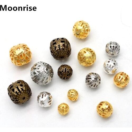 30-150Pcs Gold Silver Antique Bronze Filigree Hollow Ball Spacer Metal Beads for Jewelry Making, 6 -12mm
