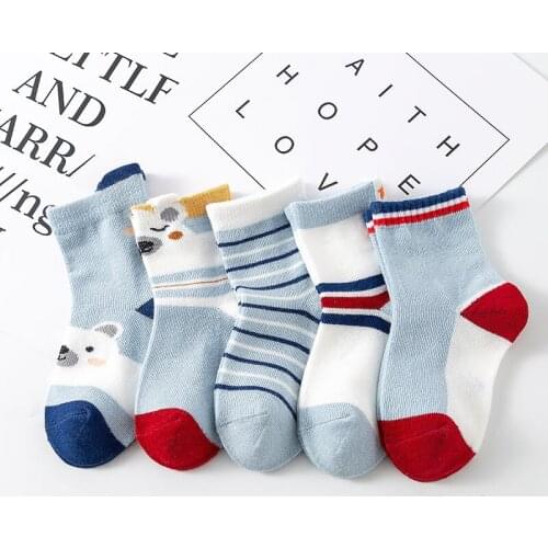 5 Pairs Spring Summer Kids Socks Soft Cotton Baby Socks Boy Girl Cute Cartoon Warm Stripe Socks for Children 0-9 Years Old