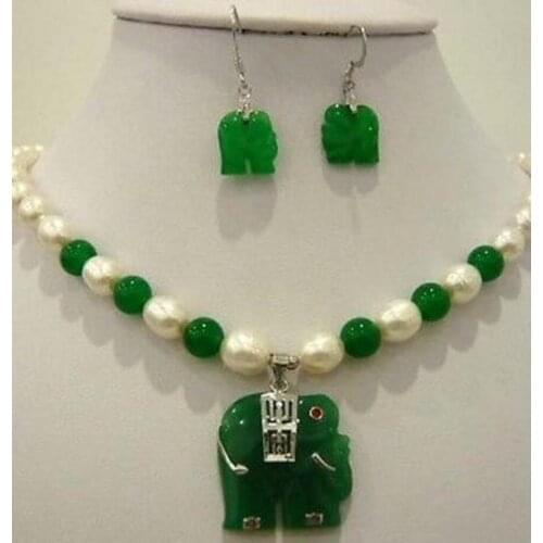 Free shipping hot sell new White pearl green jade elephant pendant necklace earring set