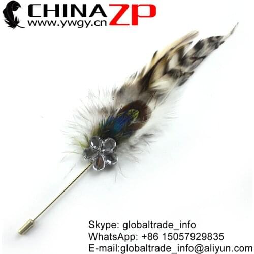 CHINAZP Factory Handmade Natural Rooster Coque Peacock Feathers with Rhinestone Brooch Party Decorations