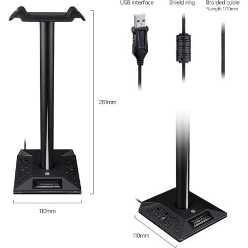 RGB Headphone Dual Headset Stand Hanger with 3.5mm AUX And 2 USB Ports