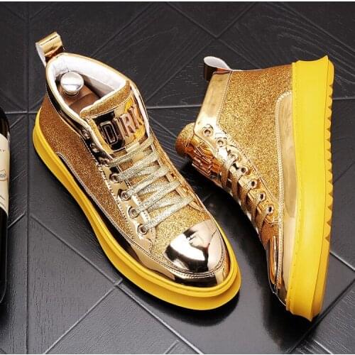 ERRFC New Arrival Luxury Men Gold Casual Shoes High Top Fashion Breathable Glitter Bling Flat Platform Leisure Shoes Younger 43