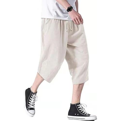 Summer Mens Cool Cropped Trousers Casual Loose Solid Color Drawstring Pocket Wide Leg All-match Bloomers Hot Sale