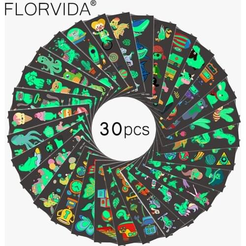 FlorVida 30pcs Kit Luminous Cartoon Temporary Tattoo Stickers For Kids Kawaii Fairy Animals Children Decorative Decal Makeup Set