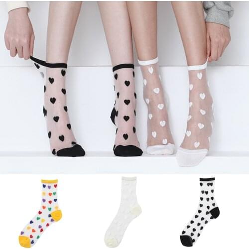 Transparent Love Heart Cute Socks Ultra-Thin Glass Lace Silk Socks Womens Harajuku Sexy Kawaii Korean Women Design Style Sokken