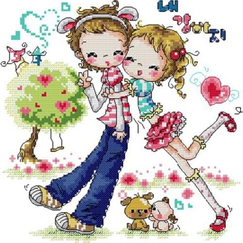 Lovely Cartoon Lovers Gift Season Cross Stitch Cotton Printed Cloth Kit 11CT14CT18CT Hand Embroidered Material Pack