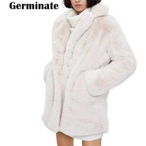 Luxury Faux Rabbit Fur Long Coat Women Winter Lapel Cardigan Snow Warm Beige Natural Furry Jacket Female Oversized Plus Size