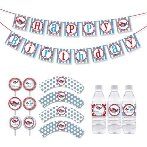 Airplane Party Cupcake Toopper Boy Birthday Party Decorations Kids Airplane Banner Party Decorations Supplies Water Bottle Label
