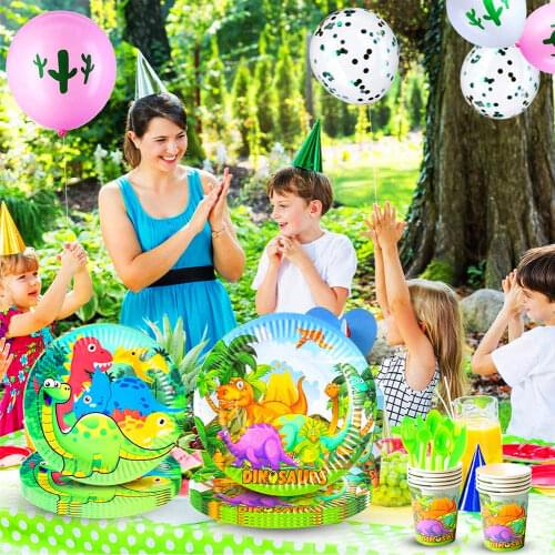 10pcs Dinosaur Theme Tableware Paper Plate Cup Napkin Tablecloth Straw Candy Bag Happy Birthday Cake Topper Decor Banner Pennant