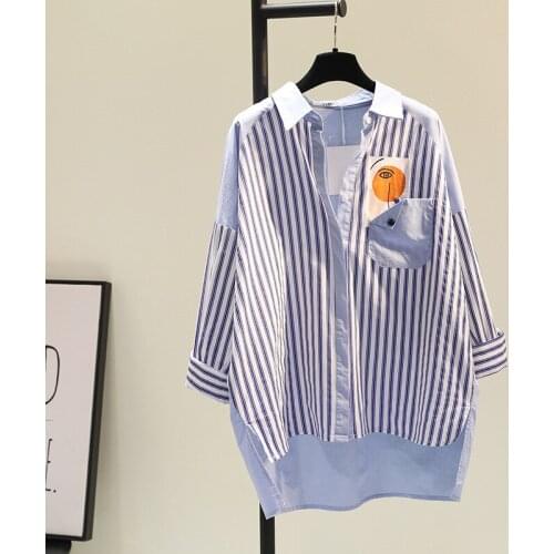 #2996 Blue Vertrical Stirpe Shirt Women Plus Size Asymmetrical Blouse Shirt Batwing Sleeved Casual Long Shirt Spliced Color Tide