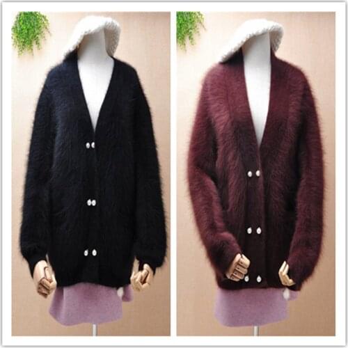 Sweater mujer 2020 women short style mink cashmere deep v-neck long lantern sleeves cardigans button angora fur jacket coat pull