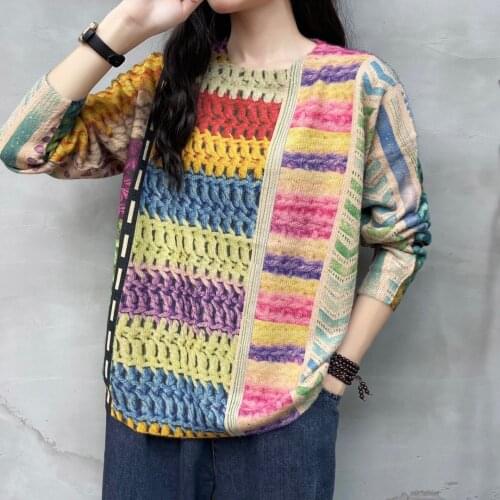 Retro Fall 2021 New Loose Casual Printed Mink Cashmere Sweater Round Neck Womens Tops Long Sleeved Pullovers Printed Pull Femme