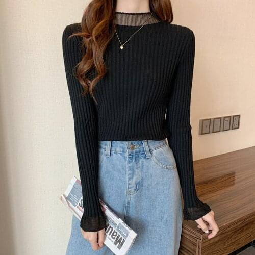 Alien Kitty 2021 Women Pullover Sweaters Mesh Patchwork Knitted Female Solid Sweet Elegant Office Lady Slim All Match Tops