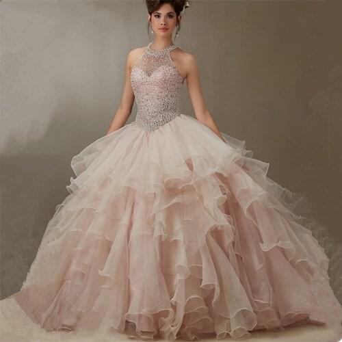 Halter Quinceanera Dresses 2021 Beads Rhinestone Tiered Ruffles Pageant Princess Sweet 16 Party Ball Gowns Open Back Sleeveless