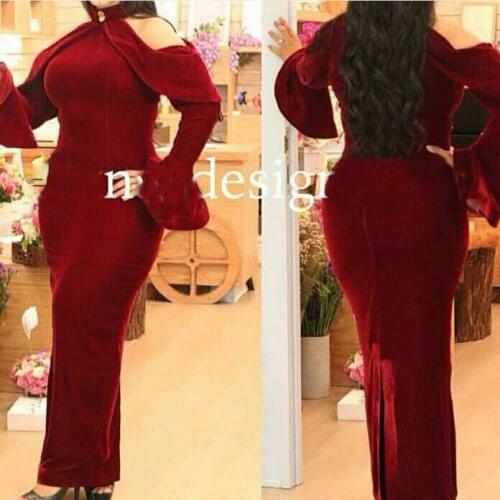 Burgundy Long Sleeves Evening gown Staright Halter Neck Back Slit Floor Length Velvet Fabric 2018 mother of the bride dresses