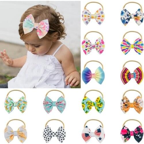 20Pcs/Lot Girls Baby 4.5Inch Floral Printing Bowknot Hairbands Toddler Thin Nylon Headbands Elastic Head Bands Outdoor Bandage