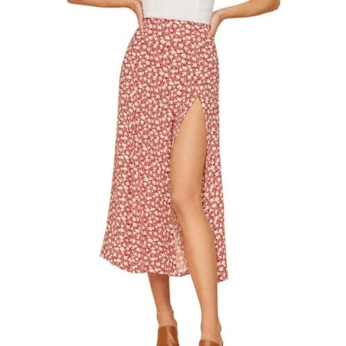 2021 Summer Women Fashion Floral Dot Print Sexy Spilt High Waist Skirt Casual Elastic A-line Skirts