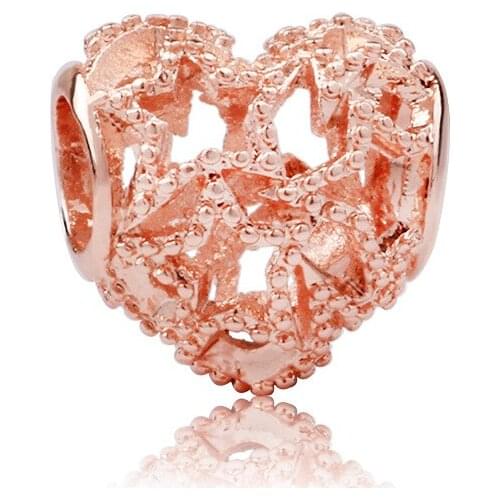 5PCS High Quality Rose Gold Plated Metal Heart Hollow Star Big Hole Beads Fit Women Charm Bracelet & Bangle DIY Jewelry Making