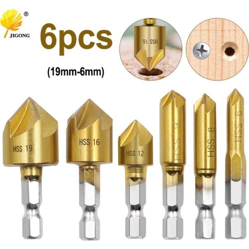 3pcs 6pcs HSS Chamfer End Mill Chamfer Drill Bit 1/4 "Hex Shank 90 degree Wood Chamfer Cutter 6mm-19mm