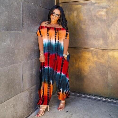 Echoine Short Sleeve Off Shoulder Slash Loose Wide Leg Jumpsuit Tie Dye Print Party Club Outfits Playsuit Overalls Summer