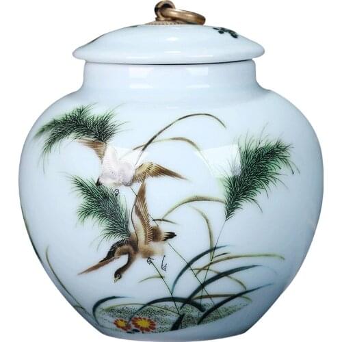 Chinese Ceramic Egret Big Tea Caddy Box Porcelain Sealed Kung Fu Tea bottles & jars Storage Canister Decorative Vase