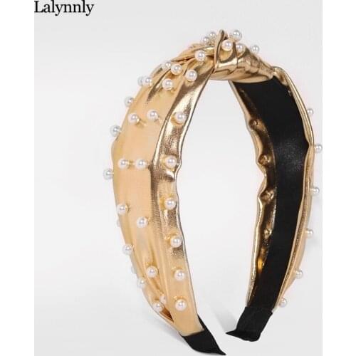 Lalynnly Fashion PU Leather Headbands Imitaion Pearl For Women Cross Knotted Hairband Retro Girls Hair Accessories Headwear Gift